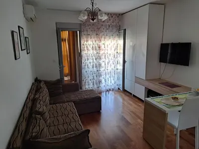 a living room with a couch and a table and a television at Petrovac Studio Apartment Ana in Petrovac na Moru