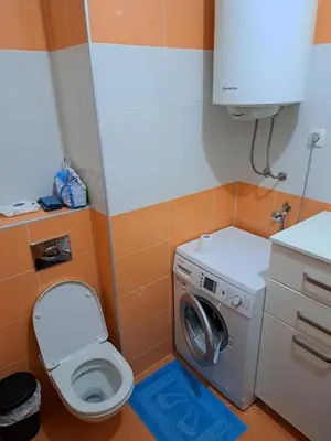 a bathroom with a toilet and a washing machine at Petrovac Studio Apartment Ana in Petrovac na Moru