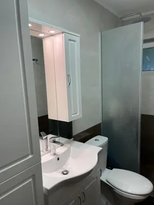 a bathroom with a sink and a toilet and a mirror at Stan Budva - Potkosljun in Budva