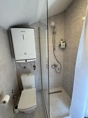 a bathroom with a toilet and a shower at Cozy House Haj Nehaj in Sutomore