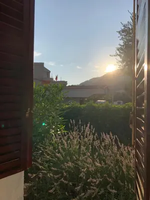 a view from a window of a garden with the sunset at Dragana in Petrovac na Moru