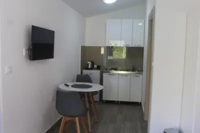 a small kitchen with a table and chairs in a room at MIA CASA Apartmens in Budva