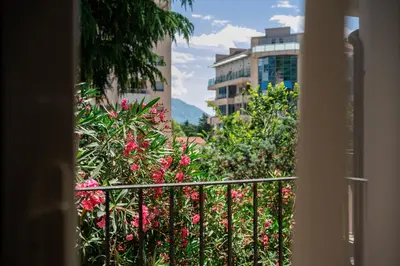 a view from a balcony with pink flowers and a building at Cosy Duplex near Bus Station in Budva