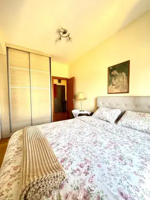 a bedroom with a large bed and a ceiling fan at Sunny place in Podgorica