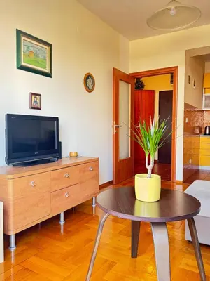 a living room with a tv and a table at Sunny place in Podgorica