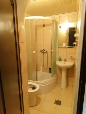 a bathroom with a shower and a toilet and a sink at V&J apartments in Podgorica