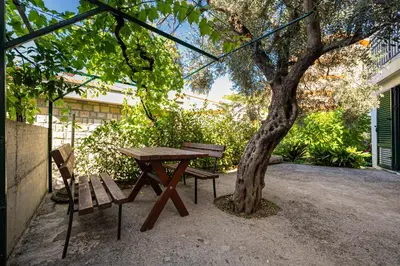 a picnic table and a bench next to a tree at Petrovac Holiday Apartments 2 in Petrovac na Moru