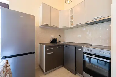 a kitchen with stainless steel appliances and white cabinets at Villa Jovana in Zagora