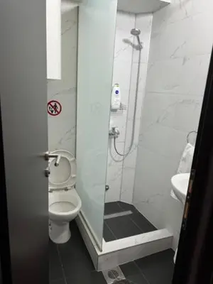 a bathroom with a shower with a toilet and a sink at Lux Cotton in Podgorica