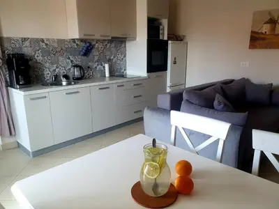 a living room with a table with oranges on it at Summer Apartment Petrovac in Petrovac na Moru