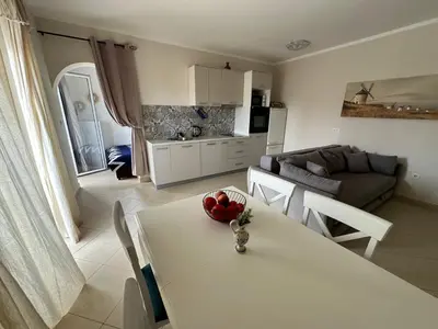 a kitchen and living room with a table with a bowl of fruit at Summer Apartment Petrovac in Petrovac na Moru