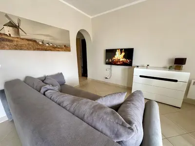 a living room with a couch and a tv at Summer Apartment Petrovac in Petrovac na Moru