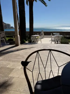 a black cat sitting on a chair in front of the beach at Apartman Dejan Rafailovici in Rafailovici
