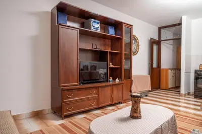 a living room with a large wooden entertainment center at Apartman Glendza in Ulcinj