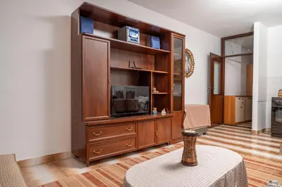 a living room with a large wooden entertainment center at Glendza Apartman in Ulcinj
