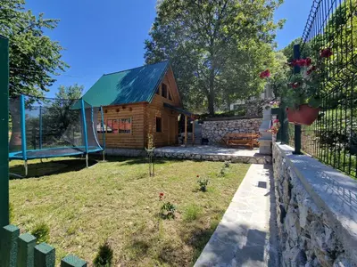 a log cabin with a blue roof and a swing at Brvnara RIĆKI in Cetinje