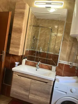 a bathroom with a sink and a glass shower at Stan apartman Nikola in Budva