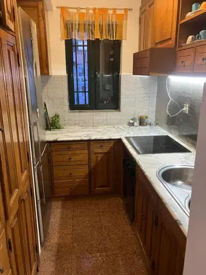 a kitchen with wooden cabinets and a sink and a window at Stan apartman Nikola in Budva