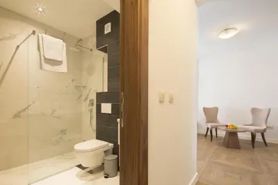 a bathroom with a toilet and a glass shower at Luxury Villa Flower in Budva
