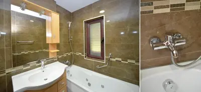 two pictures of a bathroom with a sink and a tub at Apartment Nikolija in Dobrota