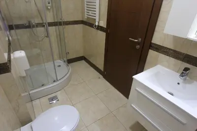 a bathroom with a toilet and a shower and a sink at Anatolija Apartment 11 in Budva