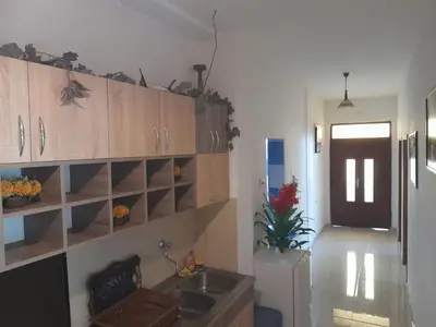 a kitchen with wooden cabinets and a sink and a refrigerator at Ulpiana - Apartments,Rooms,Hostel in Ulcinj