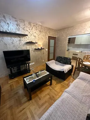 a living room with two beds and a flat screen tv at Big apartment 2 in Podgorica