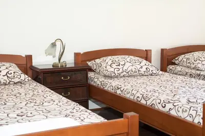 a room with two beds and a nightstand with a lamp at Apartments and Studios Anicic in Utjeha