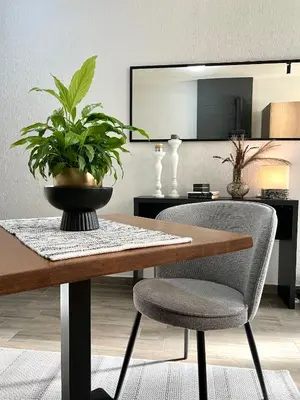 a dining room table with a potted plant on it at Panama apartment in Ulcinj