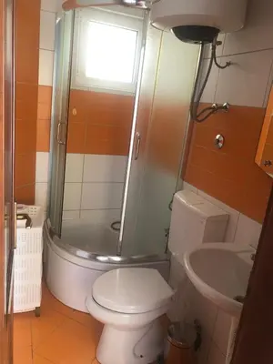 a bathroom with a toilet and a shower and a sink at Apartment Nafija. No 2 in Donji Štoj