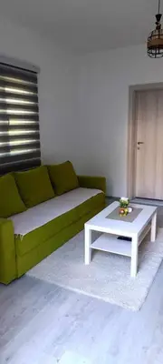 a living room with a green couch and a coffee table at Rijeka Crnojevica Apartment Vujovic in Rijeka Crnojevića