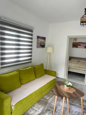 a living room with a green couch and a table at Rijeka Crnojevica Apartment Vujovic in Rijeka Crnojevića