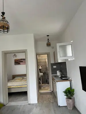 a small room with a bed and a kitchen at Rijeka Crnojevica Apartment Vujovic in Rijeka Crnojevića