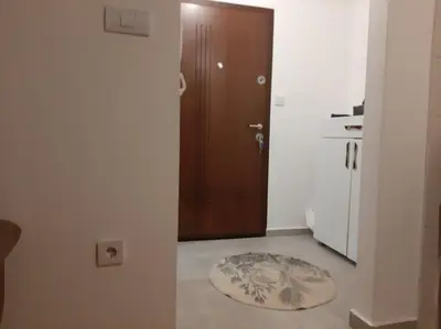 a bathroom with a door and a rug on the floor at Apartman Podgorica in Podgorica