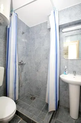 a bathroom with a shower and a toilet and a sink at Apartments Pavlovic in Petrovac na Moru