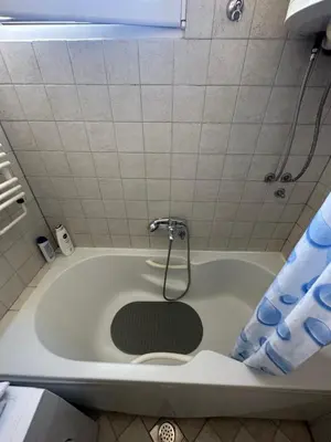 a bath tub with a shower in a bathroom at Large Centre apartment in Podgorica