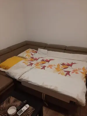 a bed in a room with two pillows on it at Apartment Podgorica in Podgorica