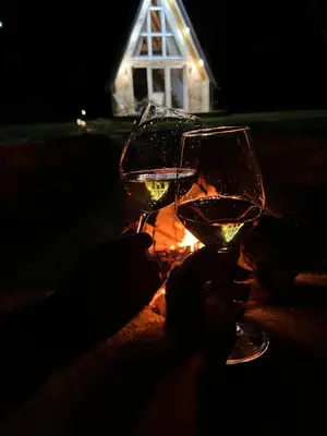 two glasses of white wine in front of a church at Vukova dolina apartments in Cetinje