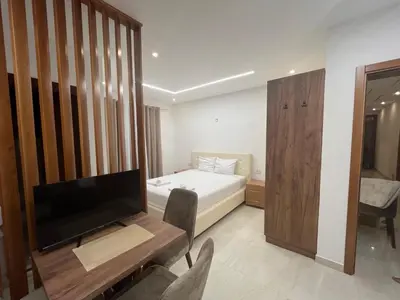 a bedroom with a bed and a table and a television at Arbneshi Apartments in Ulcinj
