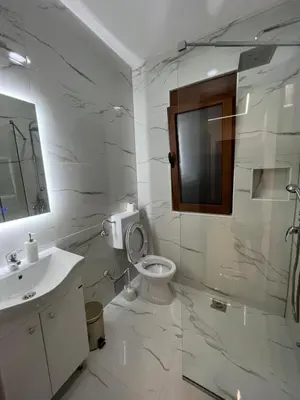 a bathroom with a toilet and a sink and a mirror at Arbneshi Apartments in Ulcinj