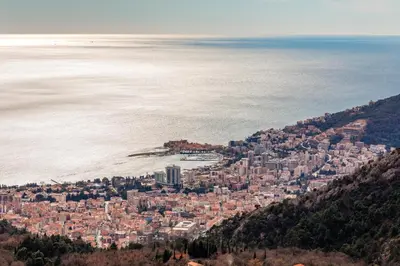 an aerial view of a city and the ocean at Villa Ladera Lapcici in Budva