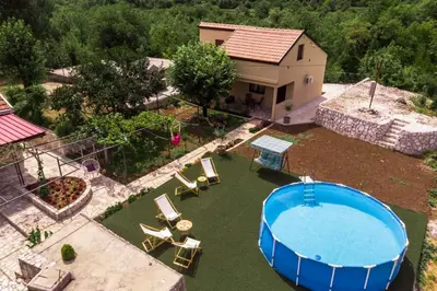 an aerial view of a backyard with a pool and a house at Aria in Cetinje
