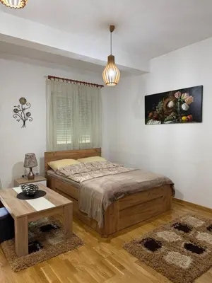 a bedroom with a bed and a table at Kropa apartman in Podgorica