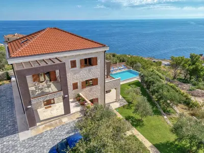 an aerial view of a house with a swimming pool at Vila Aria vista in Petrovac na Moru