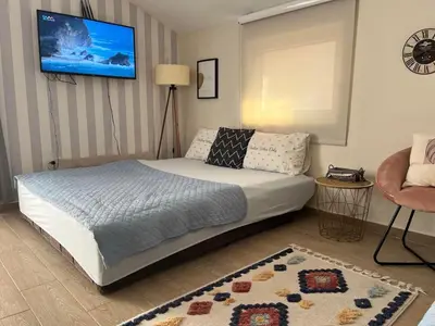 a bedroom with a bed and a tv on the wall at Apartment Quince in Budva