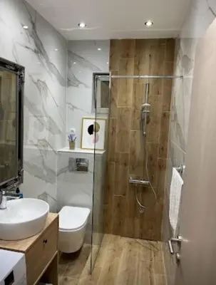 a bathroom with a shower and a toilet and a sink at Apartment Quince in Budva