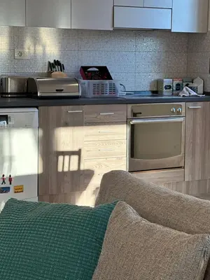 a kitchen with a stove and a counter top at City Oasis - two bedroom apartment in Blok 5 in Podgorica