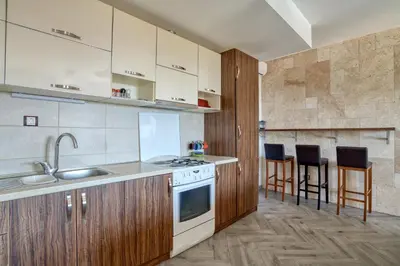 a kitchen with white appliances and wooden cabinets at Villa Old Olive in Budva