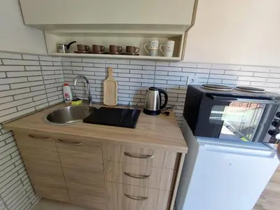 a small kitchen with a sink and a microwave at Superb Apartments Virpazar in Virpazar