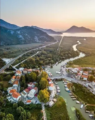an aerial view of a marina and a river at Superb Apartments Virpazar in Virpazar